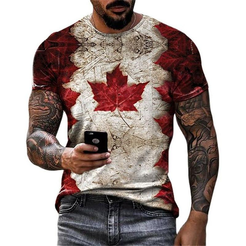 Street Fashion Canada - レトロカナダ国旗 Tシャツ 3D プリントストリートメープルリーフパターン半袖 Tシャツファッショントレンド 2025